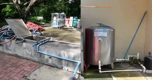 In-ground water tank at the University swimming pool area helps reduce reliance on commercial water sources through groundwater utilization.